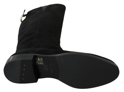 Dolce &amp; Gabbana – Kniehohe, flache Stiefel aus schwarzem Wildleder