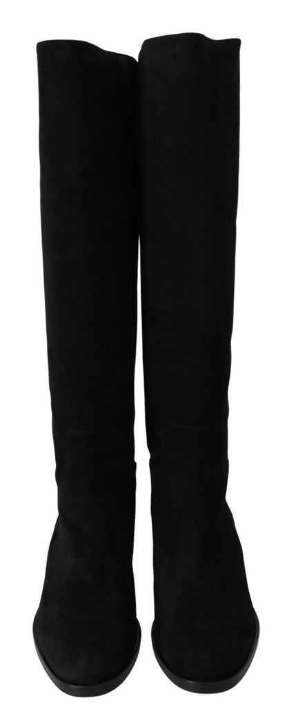 Dolce &amp; Gabbana – Kniehohe, flache Stiefel aus schwarzem Wildleder