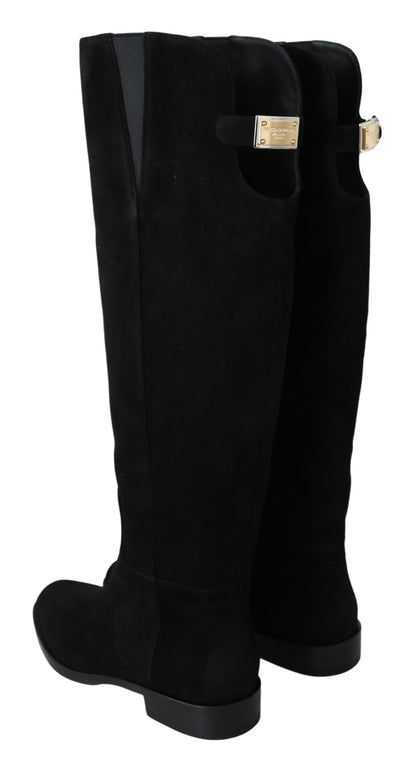 Dolce &amp; Gabbana – Kniehohe, flache Stiefel aus schwarzem Wildleder