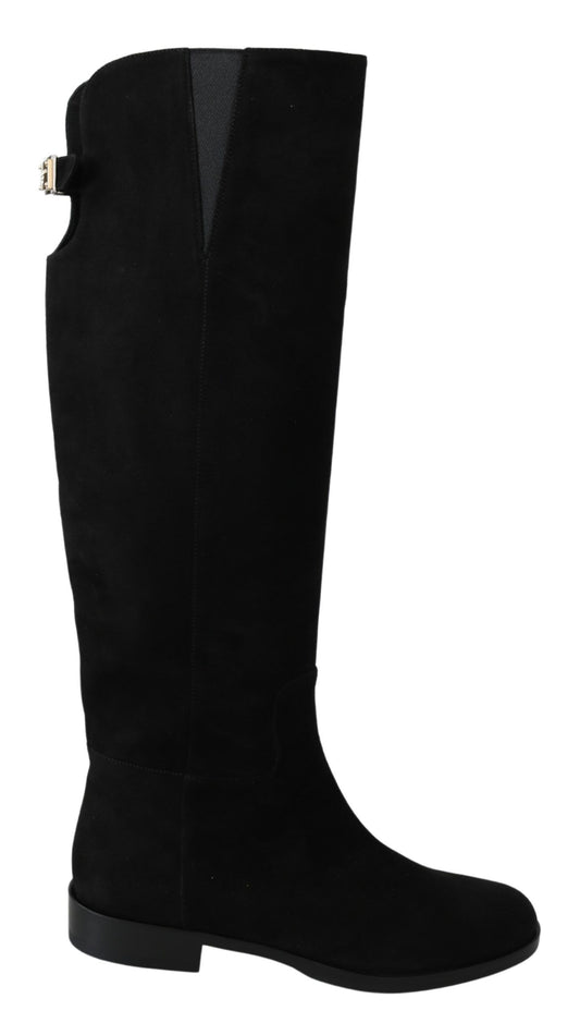 Dolce &amp; Gabbana – Kniehohe, flache Stiefel aus schwarzem Wildleder