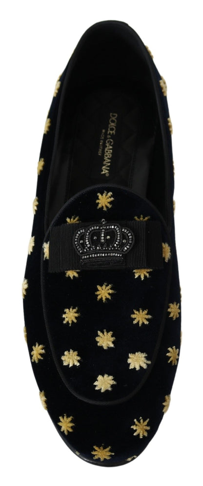 Dolce &amp; Gabbana Blaue Samt-Hausschuhe mit Krone