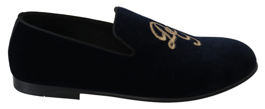 Dolce &amp; Gabbana Slipper-Loafer aus blauem Samt mit goldenem Logo
