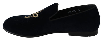 Dolce &amp; Gabbana Slipper-Loafer aus blauem Samt mit goldenem Logo