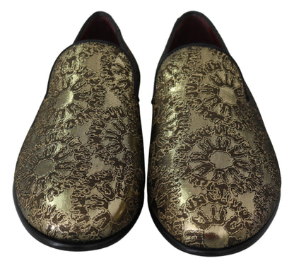 Dolce &amp; Gabbana Gold Jacquard Flats Herren Loafer Schuhe