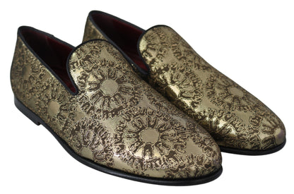Dolce &amp; Gabbana Gold Jacquard Flats Herren Loafer Schuhe