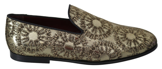 Dolce &amp; Gabbana Gold Jacquard Flats Herren Loafer Schuhe