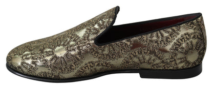Dolce &amp; Gabbana Gold Jacquard Flats Herren Loafer Schuhe