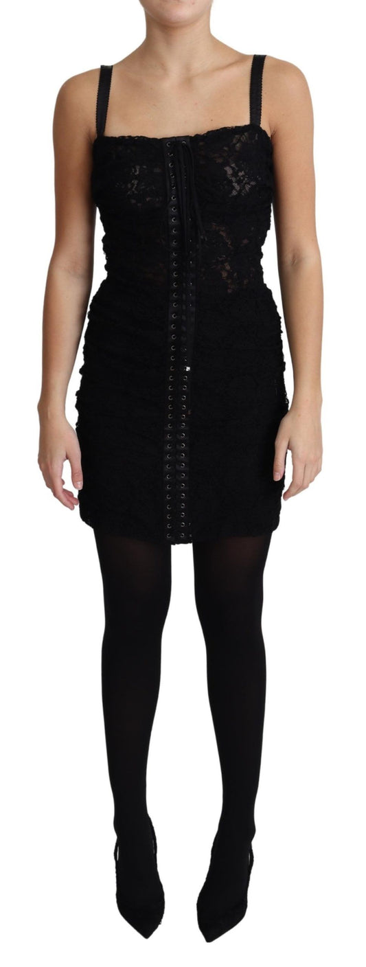 Dolce &amp; Gabbana – Schwarzes, geblümtes Korsett-Bustier-Minikleid mit Schnürung