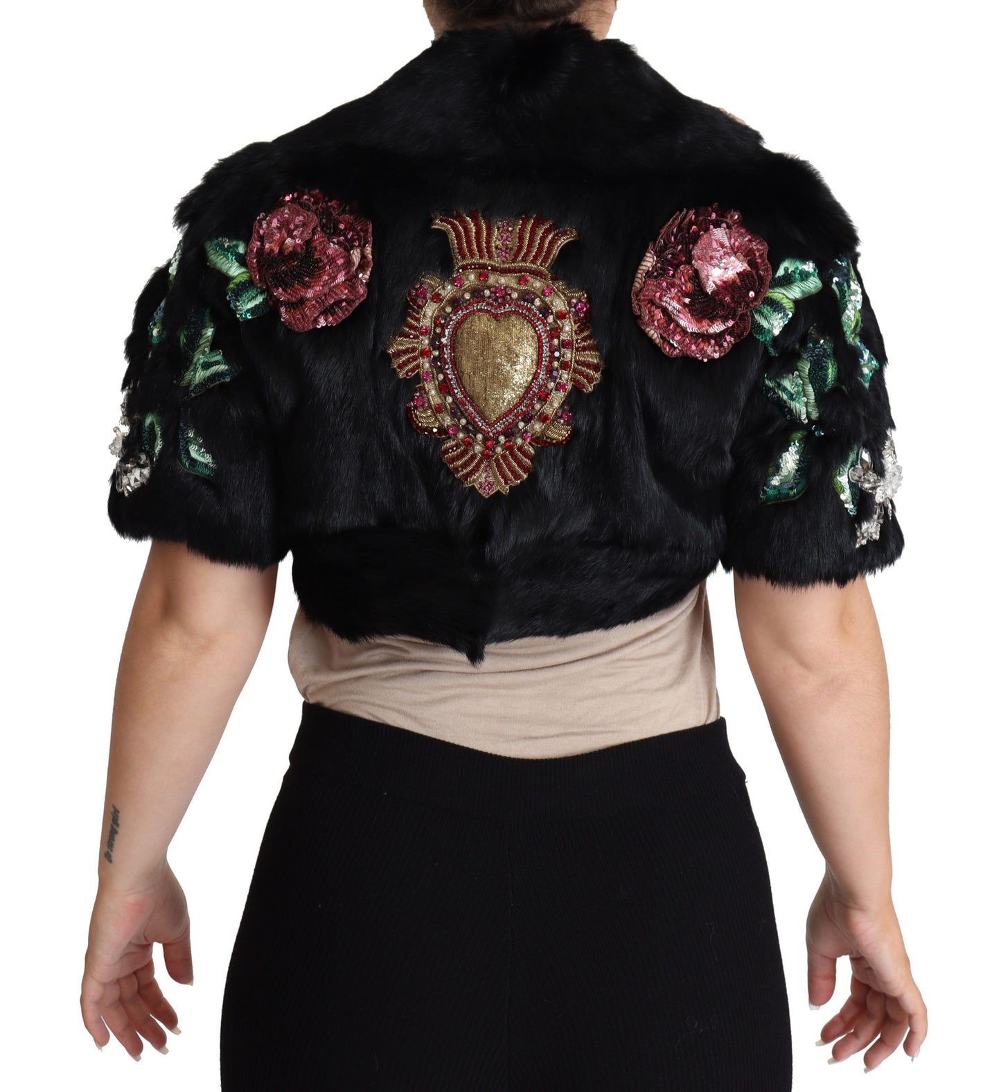 Dolce &amp; Gabbana – Schwarzer Mantel aus Kaninchenfell mit Kristallen und Pailletten