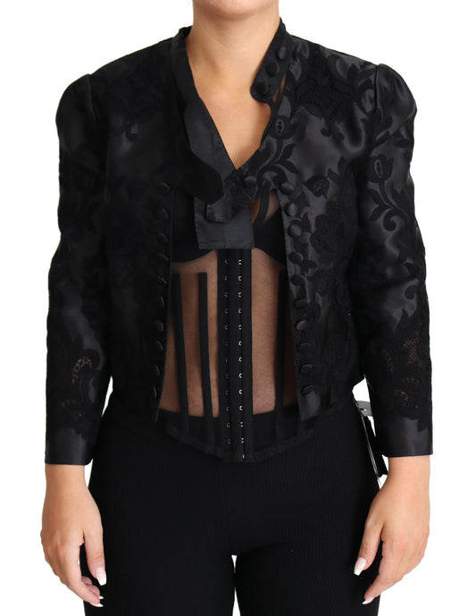 Dolce &amp; Gabbana – Schwarze, transparente Korsettjacke aus Organza-Seide mit Spitze