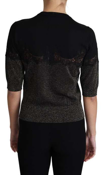 Dolce &amp; Gabbana – Schwarzes Pullover-Oberteil mit glänzendem Lurex-Spitzeneinsatz