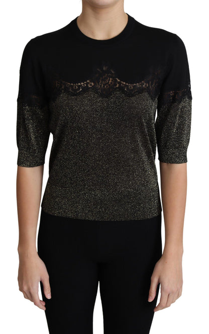 Dolce &amp; Gabbana – Schwarzes Pullover-Oberteil mit glänzendem Lurex-Spitzeneinsatz