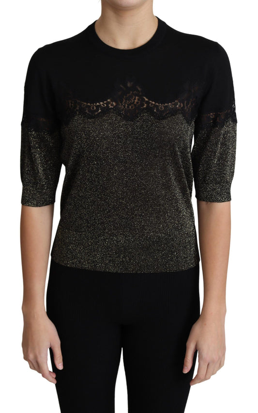 Dolce &amp; Gabbana – Schwarzes Pullover-Oberteil mit glänzendem Lurex-Spitzeneinsatz