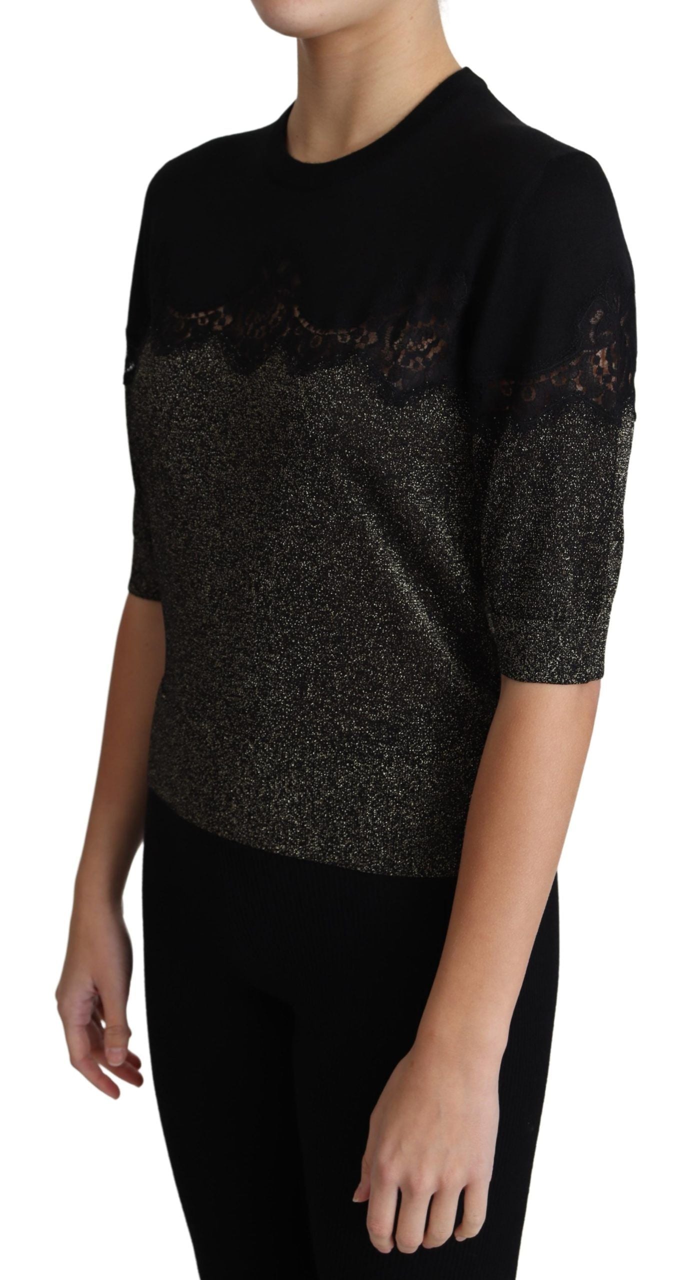 Dolce &amp; Gabbana – Schwarzes Pullover-Oberteil mit glänzendem Lurex-Spitzeneinsatz