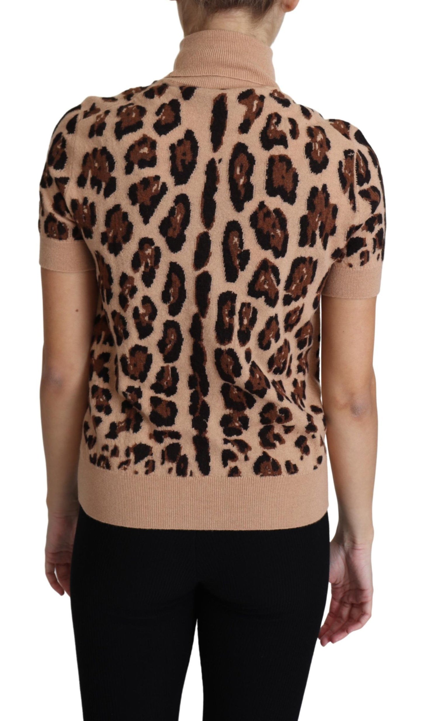 Dolce &amp; Gabbana Beiges Rollkragenoberteil aus Schurwolle mit Leopardenmuster