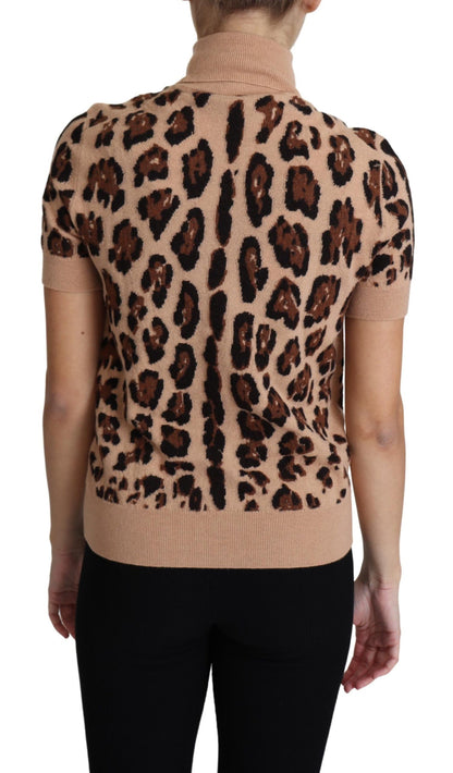Dolce &amp; Gabbana Beiges Rollkragenoberteil aus Schurwolle mit Leopardenmuster