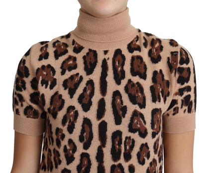 Dolce &amp; Gabbana Beiges Rollkragenoberteil aus Schurwolle mit Leopardenmuster