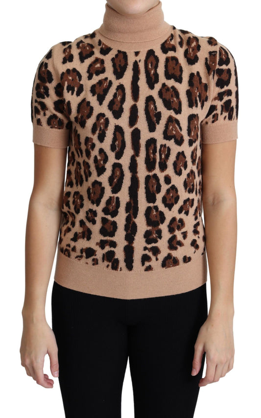 Dolce &amp; Gabbana Beiges Rollkragenoberteil aus Schurwolle mit Leopardenmuster