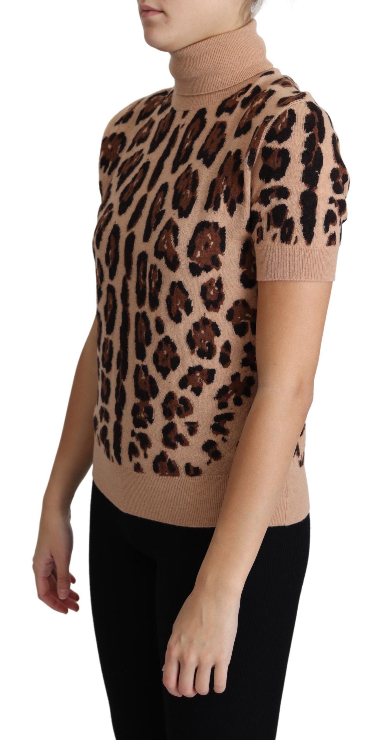 Dolce &amp; Gabbana Beiges Rollkragenoberteil aus Schurwolle mit Leopardenmuster