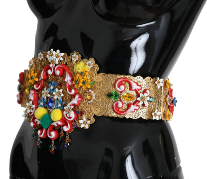 Dolce &amp; Gabbana Embellished Floral Crystal Wide Waist Golden Belt