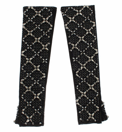 Dolce &amp; Gabbana – Fingerlose Handschuhe aus schwarzem Leder mit Kristallperlen