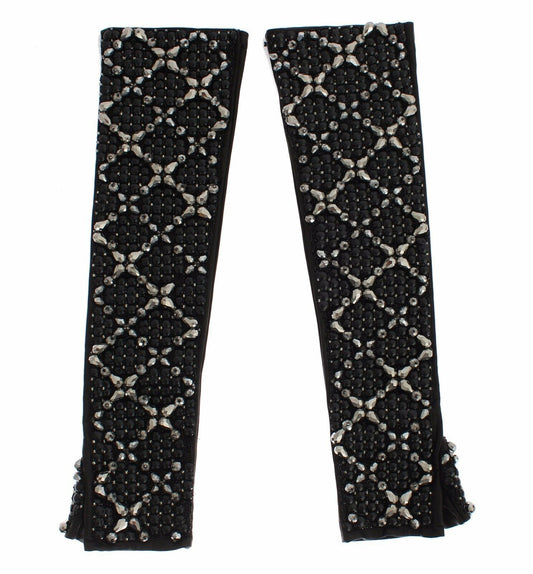 Dolce &amp; Gabbana – Fingerlose Handschuhe aus schwarzem Leder mit Kristallperlen