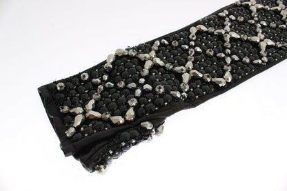 Dolce &amp; Gabbana – Fingerlose Handschuhe aus schwarzem Leder mit Kristallperlen