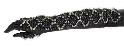 Dolce &amp; Gabbana – Fingerlose Handschuhe aus schwarzem Leder mit Kristallperlen