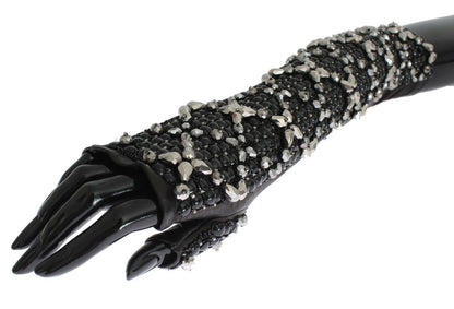 Dolce &amp; Gabbana – Fingerlose Handschuhe aus schwarzem Leder mit Kristallperlen