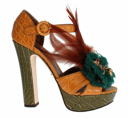 Dolce &amp; Gabbana – Orangefarbene Plateau-Sandalen aus Leder mit Kristallen