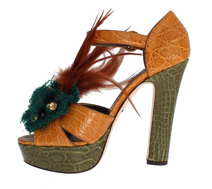 Dolce &amp; Gabbana – Orangefarbene Plateau-Sandalen aus Leder mit Kristallen