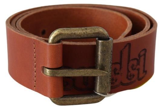 Just Cavalli – Brauner Ledergürtel mit Logo und rustikaler Metallschnalle in Bronze