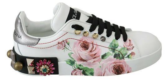 Dolce &amp; Gabbana Weiße Leder Kristall Rosen Blumen Sneakers Schuhe