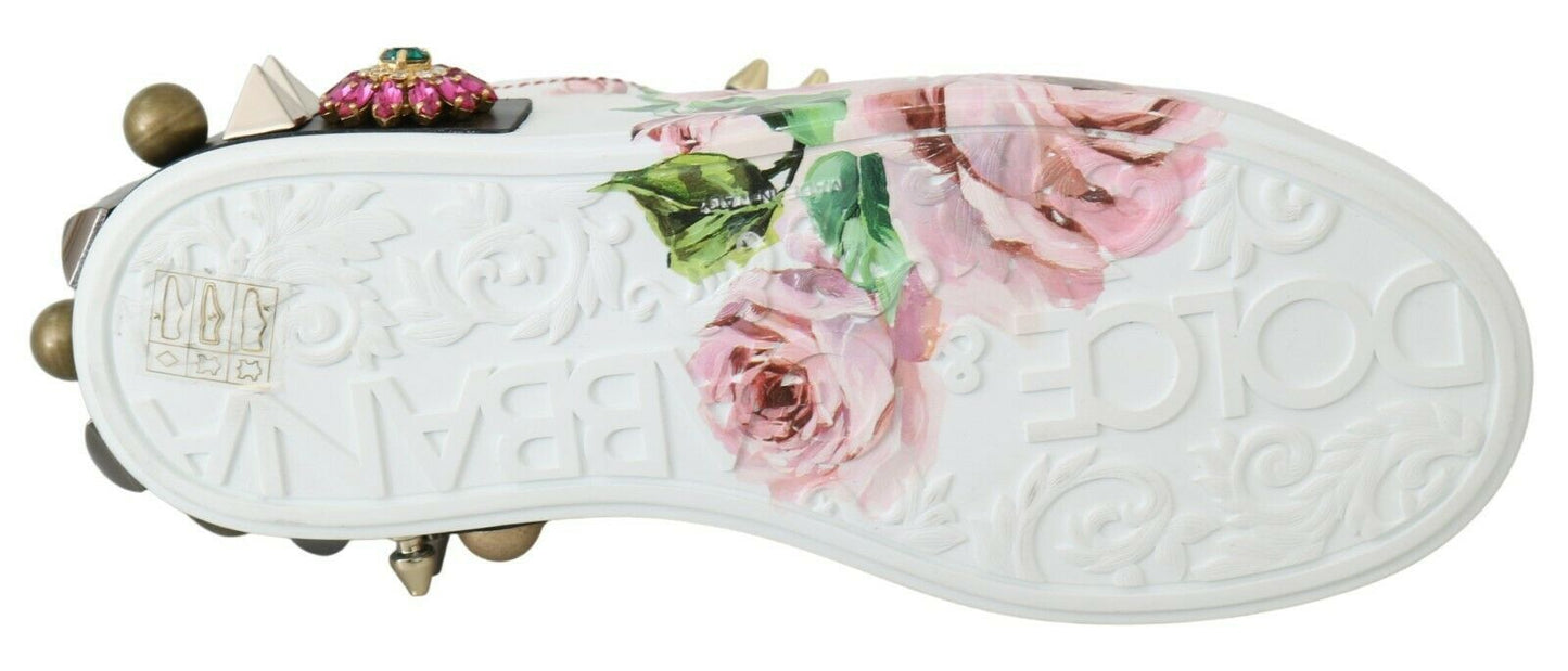 Dolce &amp; Gabbana Weiße Leder Kristall Rosen Blumen Sneakers Schuhe