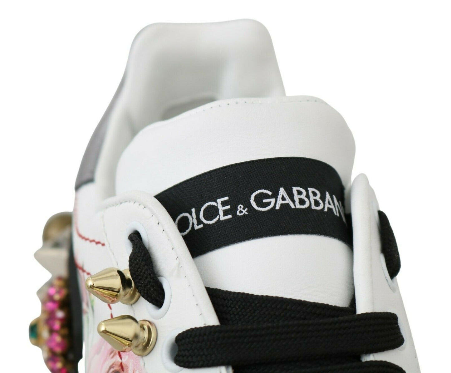 Dolce &amp; Gabbana Weiße Leder Kristall Rosen Blumen Sneakers Schuhe