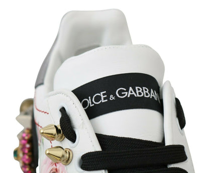 Dolce &amp; Gabbana Weiße Leder Kristall Rosen Blumen Sneakers Schuhe