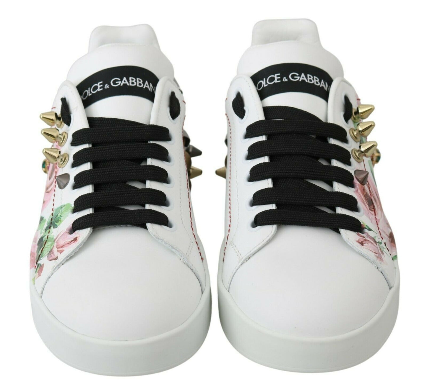 Dolce &amp; Gabbana Weiße Leder Kristall Rosen Blumen Sneakers Schuhe