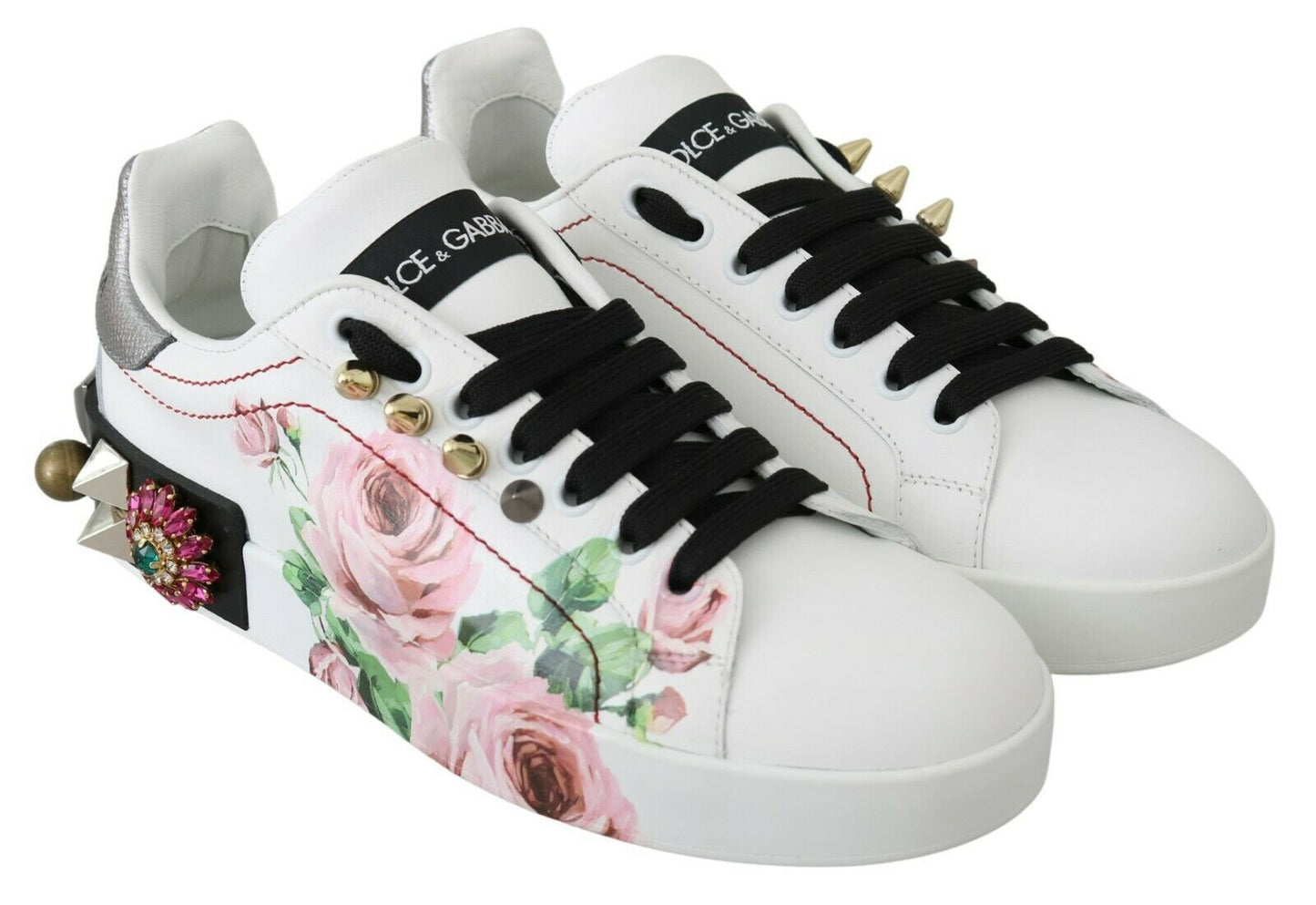 Dolce &amp; Gabbana Weiße Leder Kristall Rosen Blumen Sneakers Schuhe