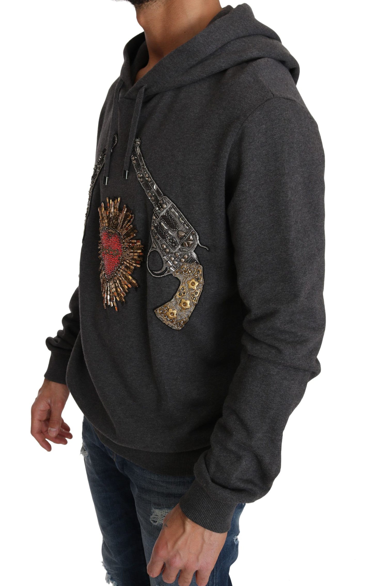 Dolce &amp; Gabbana Grauer Kapuzenpullover mit rotem Kristallherz und Pistole