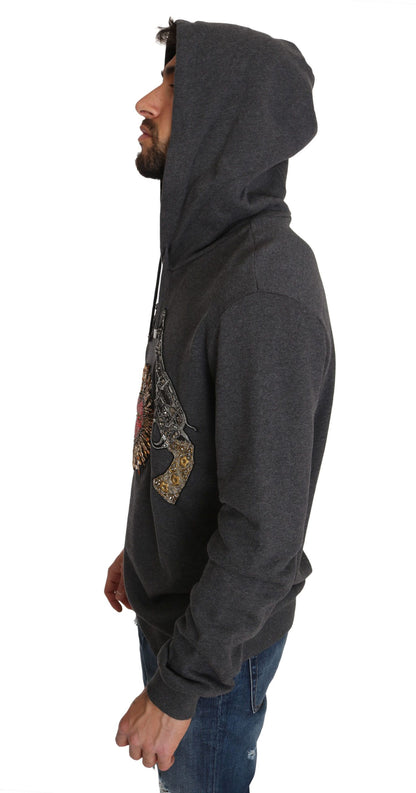 Dolce &amp; Gabbana Grauer Kapuzenpullover mit rotem Kristallherz und Pistole