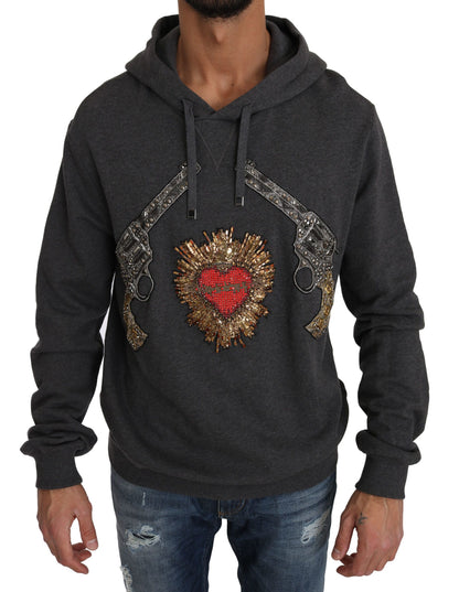 Dolce &amp; Gabbana Grauer Kapuzenpullover mit rotem Kristallherz und Pistole
