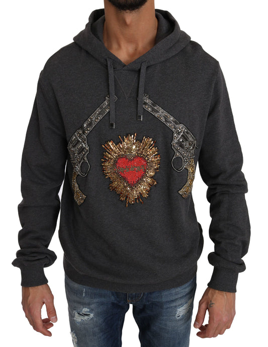 Dolce &amp; Gabbana Grauer Kapuzenpullover mit rotem Kristallherz und Pistole