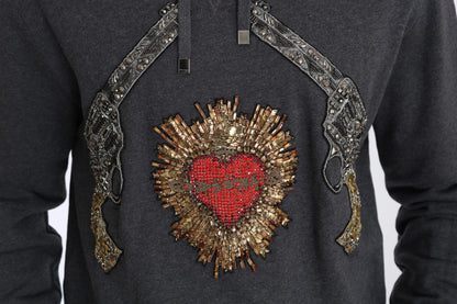 Dolce &amp; Gabbana Grauer Kapuzenpullover mit rotem Kristallherz und Pistole