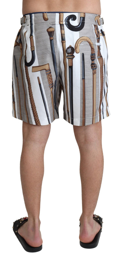 Dolce &amp; Gabbana White Walking Stick Beachwear Shorts Swim Shorts