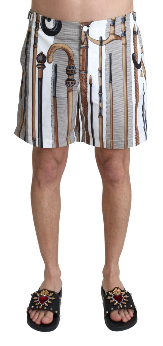 Dolce &amp; Gabbana White Walking Stick Beachwear Shorts Swim Shorts