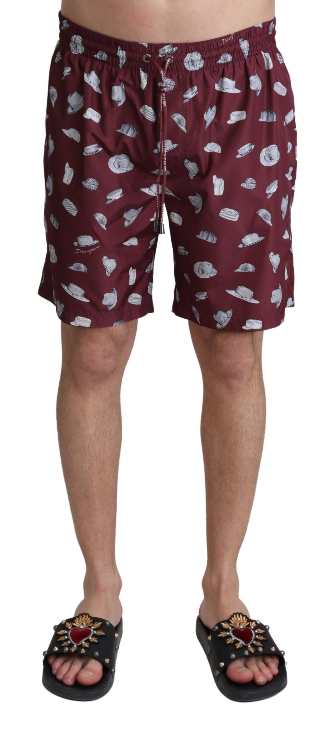 Dolce &amp; Gabbana Maroon Hats Print Beachwear Shorts Swimwear