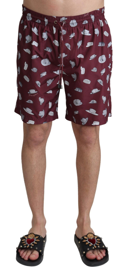 Dolce &amp; Gabbana Maroon Hats Print Beachwear Shorts Swimwear