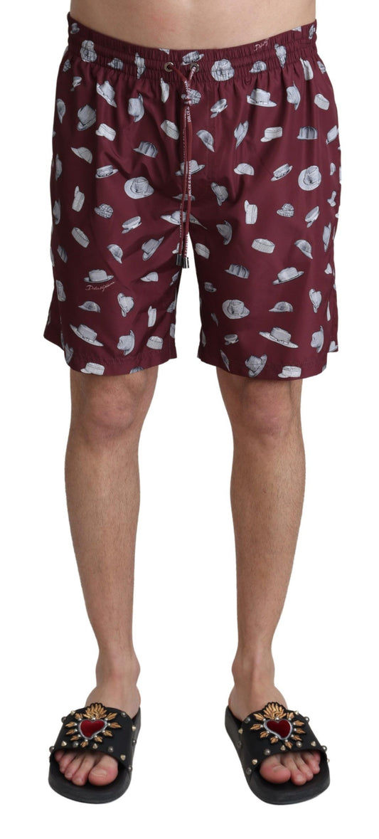 Dolce &amp; Gabbana Maroon Hats Print Beachwear Shorts Swimwear