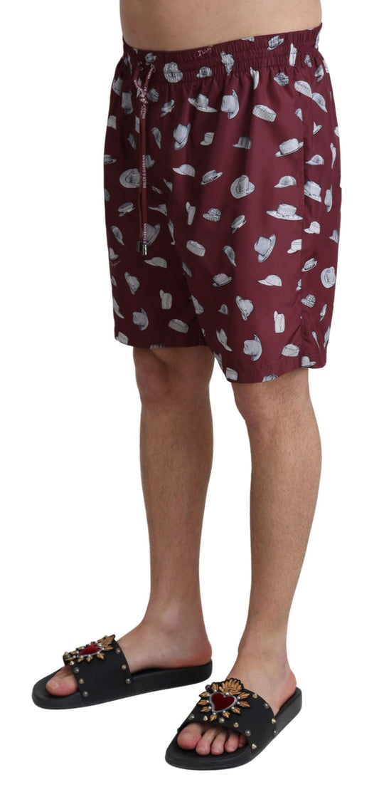 Dolce &amp; Gabbana Maroon Hats Print Beachwear Shorts Swimwear