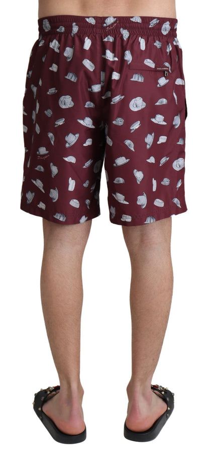 Dolce &amp; Gabbana Maroon Hats Print Beachwear Shorts Swimwear